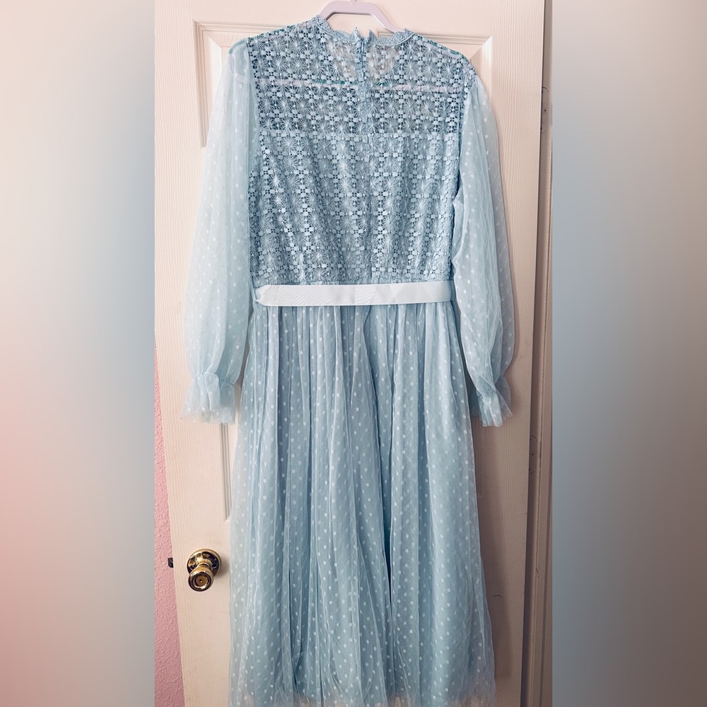 Chic Light Blue Lace Long Sleeve Dress - Picture 5 of 7